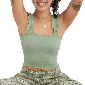 NEW Aerie Jungle Thrills Smocked Tank Top Green Crop Top Lettuce Edges/Straps XL